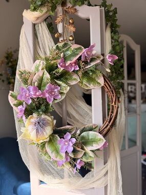 Handcrafted Spring Floral Wreath | Purple & Green Cottagecore Front Door Decor